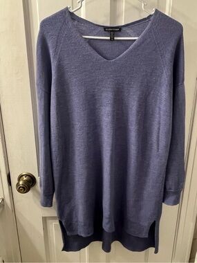 Eileen Fisher Merino Wool V-Neck Tunic Sweater Iris Purple Lavender High Low Lg